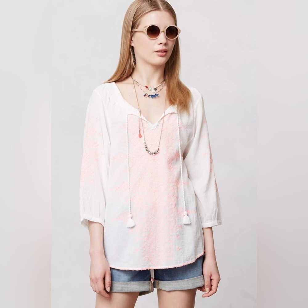Anthropologie Maeve Neon-Stitched Peasant Blouse 4 F31
